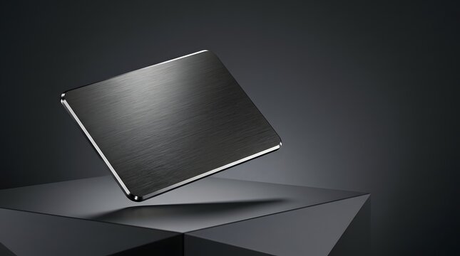 Modern sleek laptop computer floating above a dark surface in a minimalist studio setting