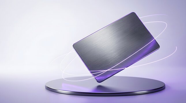A sleek dark rectangular object floating above a metallic circular platform in studio