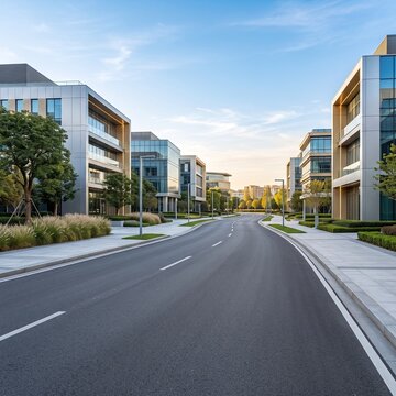 Modern glass office buildings line an empty asphalt road under a clear blue sky with soft clouds
