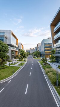 Modern office buildings line a curving road surrounded by manicured greenery under a blue sky