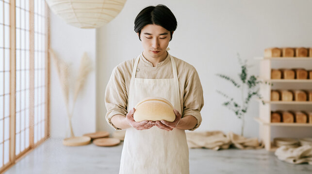 Japanese artisan baker holding fresh loaf in minimalist bakery