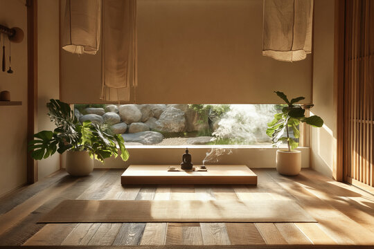 Japanese meditation room with tatami low table and garden view
