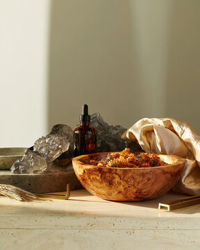 Organic still life with amber bottle and bowl in candle light