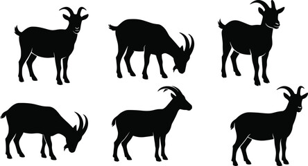 Fototapeta premium Collection of goat silhouettes in various standing and grazing poses for farm and livestock designs