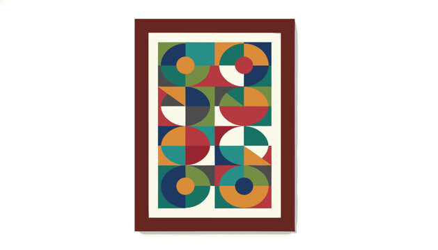 Framed poster displaying a colorful abstract geometric pattern with circles and semi-circles in retro mid-century style.