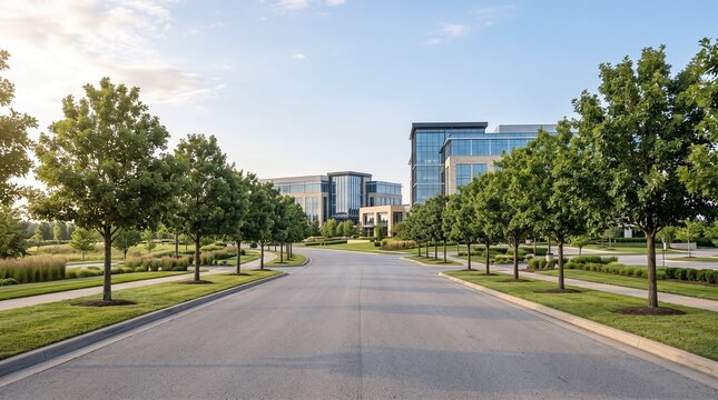 Modern office buildings line a tree lined street in a suburban business park