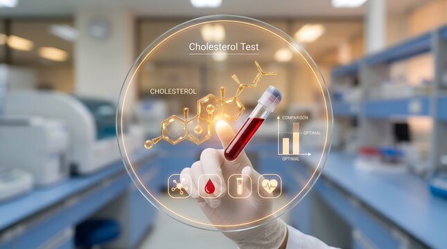 Cholesterol test medical concept with gloved hand interacting with virtual interface, blood sample vial in laboratory setting, futuristic healthcare technology for cardiovascular screening