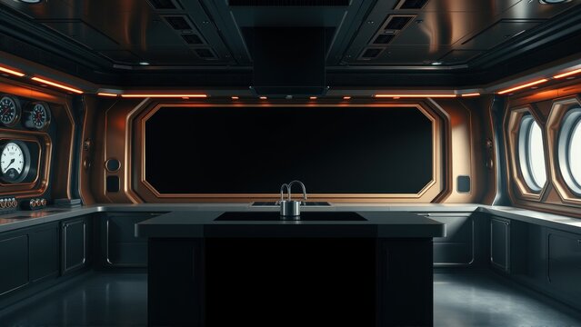 Dark futuristic kitchen interior. Sleek black surfaces, orange lighting accents, large window views. Minimalist design, industrial aesthetic.