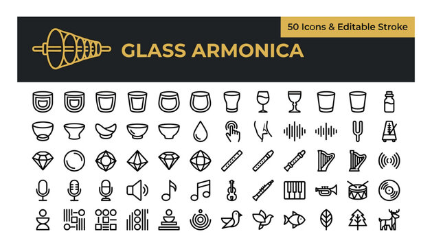 Set of 50 glass armonica and musical instrument icons