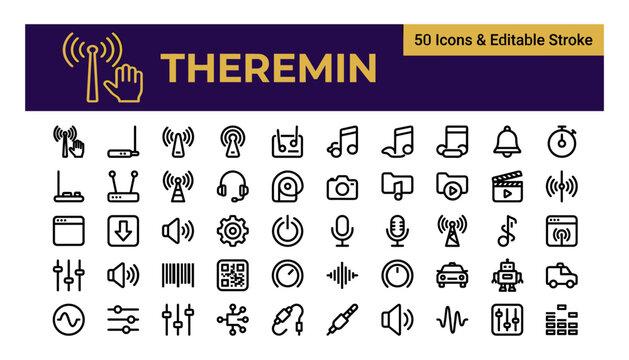 Set of 50 thin line icons related to theremin and music