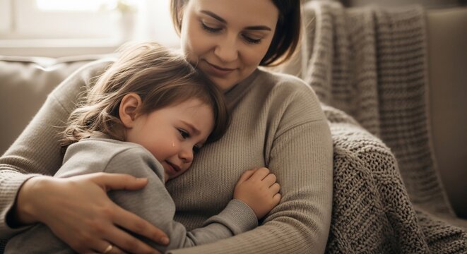 Woman comforting child indoors