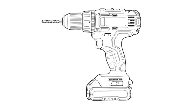 Cordless electric drill vector line art, industrial power tool outline, battery operated hand drill for construction and DIY isolated on White Background