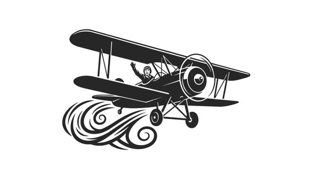 Vintage biplane aircraft flying vector illustration with a waving pilot representing aviation history.