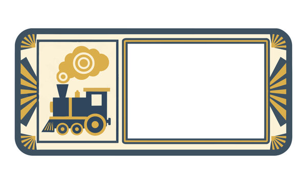 Stylized vintage train ticket with steam locomotive icon and art deco borders on white background. Nostalgic travel concept