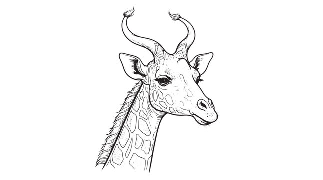 Vintage giraffe head illustration, hand drawn safari animal sketch, black and white wildlife vector art for coloring books isolated on White Background