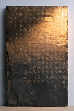 Centered front view of bluestone stele, incised regular script light strokes, golden light flowing from deep carvings, subtle weathering cracks and pits, top-down lighting, monumental simplicity asset