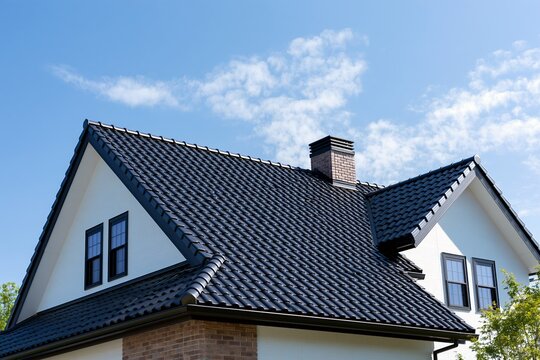 青空広がる現代的な新築戸建て住宅の屋根と白い壁