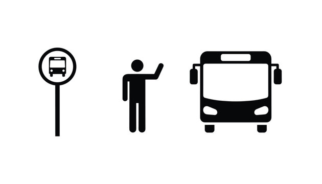 Transport icons collection featuring a bus stop sign, a person hailing, and a front view of a passenger bus.
