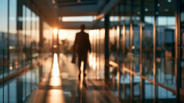 Blurred silhouette of businessman walking down modern office glass hallway at sunset golden hour.