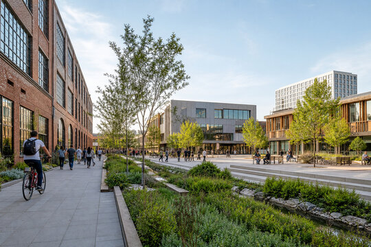 Urban Regeneration Masterplan with Walkable Streets and Reused Buildings
