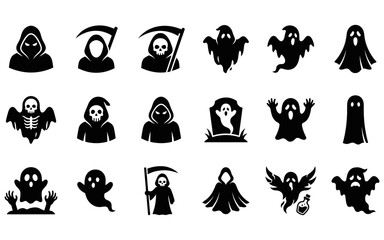 Fototapeta premium Collection of hand drawn halloween ghost and grim reaper character icons isolated on a white background