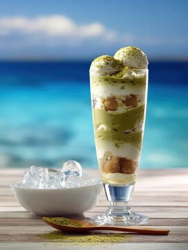 Green tea parfait dessert with layers of ice cream, mochi, and whipped cream served in a tall glass against a serene ocean background