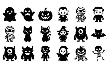 Fototapeta premium Set of cute black and white hand drawn halloween character icons for holiday design and decoration
