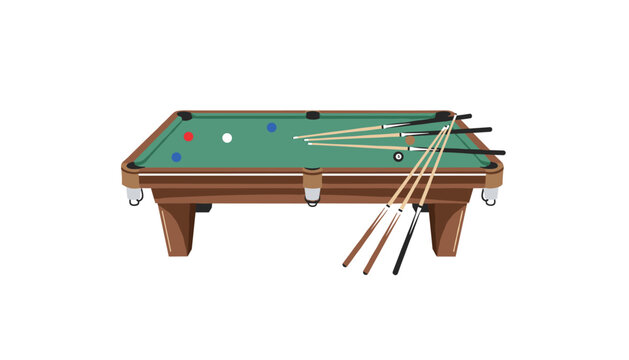 Classic billiard table with green felt, cues, and colorful balls arranged for a game on a solid white background.