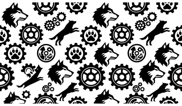 Wolf Gear Seamless Industrial Pattern with Mechanical Animal Symbols Vector