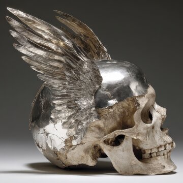 Artistic skull sculpture with silver wings, showcasing intricate details and textures, displayed against a neutral background for emphasis on craftsmanship and design