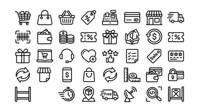 Collection of ecommerce and shopping related icons on transparent background