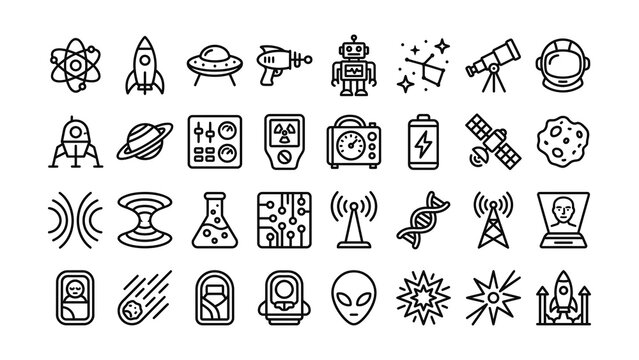 Collection of space technology and science icons isolated on transparent background