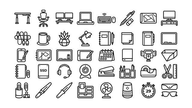 Collection of various office and tech stationery icons isolated on transparent background