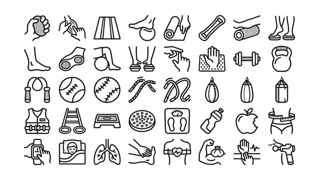 Collection of various sports and fitness activity icons isolated on transparent background