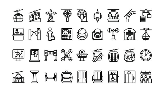 Collection of various transportation and travel related icons isolated on transparent background