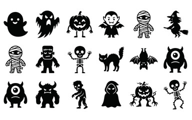 Obraz premium Set of cute black and white halloween monster icons featuring ghosts pumpkins vampires and various spooky creatures