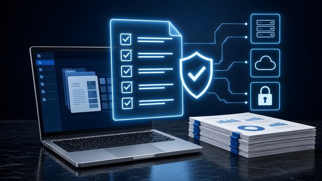 Digital document management system with glowing checklist shield and cloud security icons on laptop screen for compliance and data protection