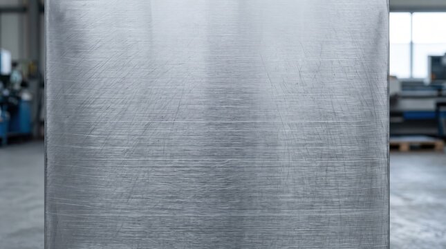 Close up texture of brushed metal steel plate surface with horizontal scratches, industrial raw material, silver grey aluminum sheet detail, manufacturing factory workshop