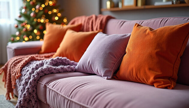 Cozy living room sofa with orange and pink velvet cushions, chunky knit blanket and blurred Christmas tree lights background. Christmas background and illustration