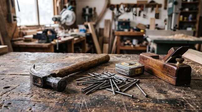 Vintage hammer, nails, tape measure and wooden hand plane on rustic carpentry workbench
