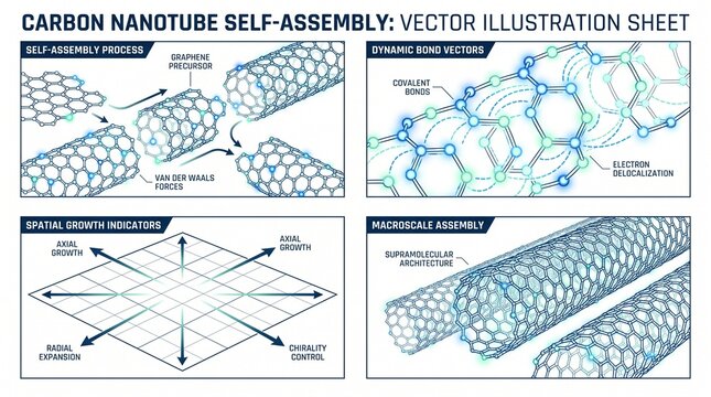 Scientific Vector Illustration of Carbon Nanotube Self-Assembly and Molecular Bonding Structures