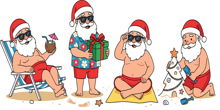 Summer beach Santa Claus cartoon character set in different tropical Christmas holiday poses vector