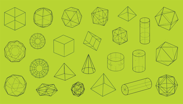 Array of complex three-dimensional wireframe geometric shapes including cubes, cones, and spheres on a vibrant lime green background.