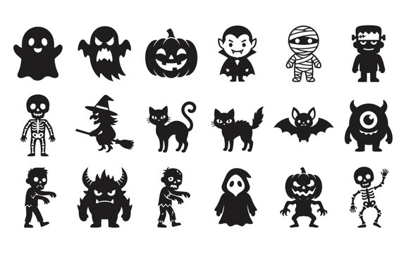 Set of cute black silhouette icons for halloween featuring various monsters ghosts and spooky holiday characters