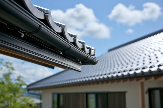 青空広がる日本の家屋の瓦屋根と雨樋クローズアップ