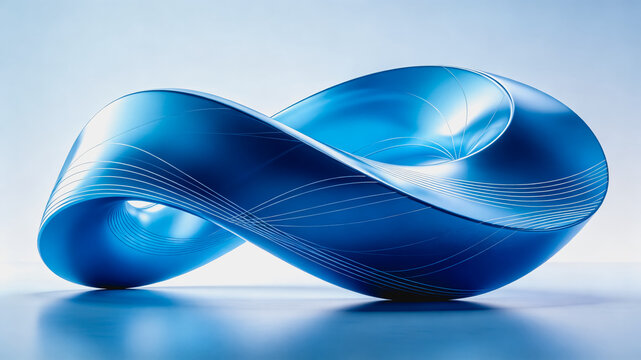 A smooth blue mobius strip sculpture with glossy texture, placed on a light reflective surface, minimalist abstract art piece.