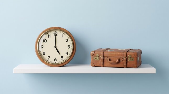 Vintage wooden wall clock showing five oclock and retro brown leather suitcase with travel stickers resting on white shelf against blue, time for travel, departure schedule