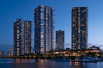 Fototapeta premium 煌めく高層マンションの夜景水辺に映る都市の光