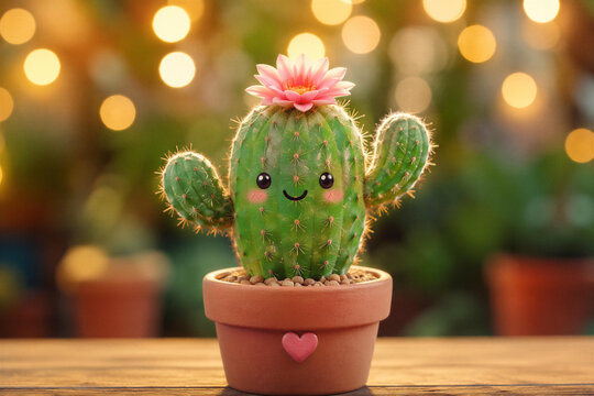Kawaii Smiling Cartoon Cactus with Pink Flower in Heart Pot - Cute Plant with Bokeh Fairy Lights on Wooden Table
