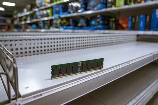 Single RAM Memory Module on Nearly Empty Retail Shelf Representing Computer Hardware Shortage and Limited Stock